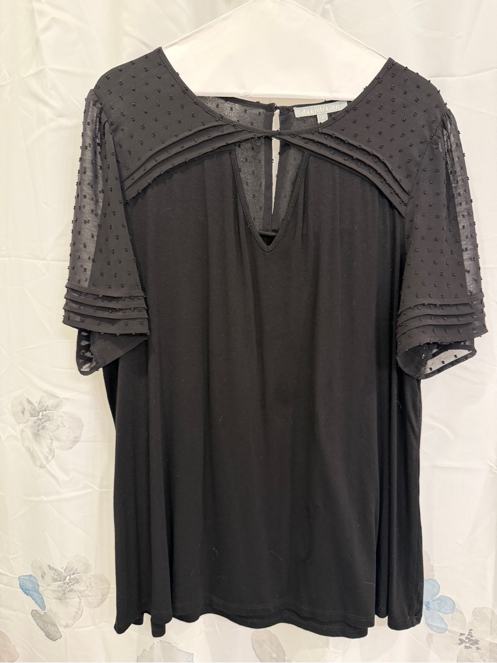 Daniel Rainn Black Short Sleeve Dotted Mesh Yoke Blouse